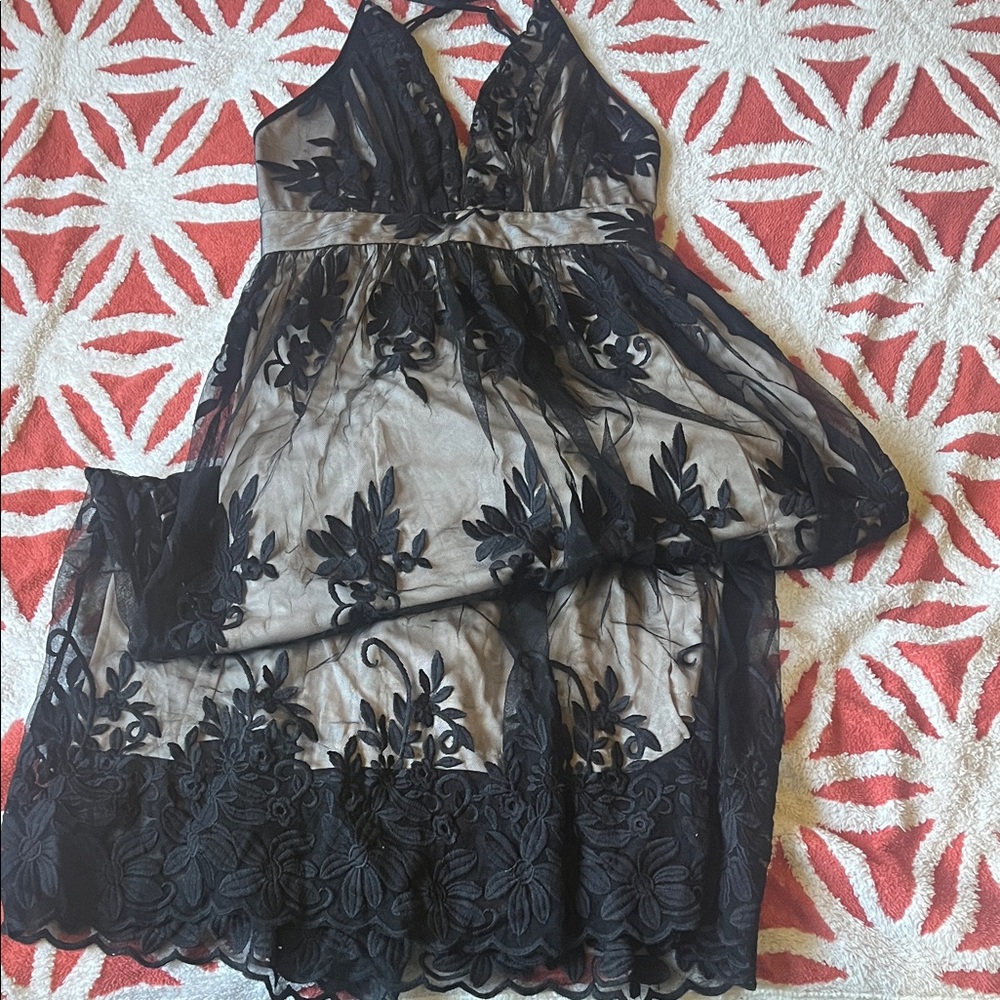 Black Lace Maxi Dress with Sheer Embroidered Overlay
